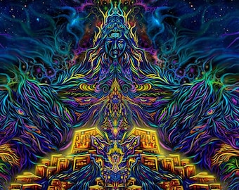 Psy backdrop "Shiva - Mountain of Light" UV blacklight active fluorescent psychedelic tapestry wall hanging trance party visual art