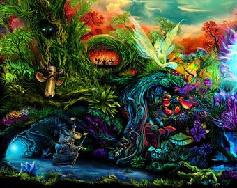 Psy backdrop &quot;Neverland&quot; UV active blacklight tapestry, Fantasy psychedelic art, magic forest fairy portal, trippy room trance party decor