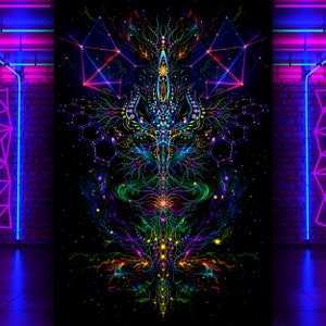 Psy 背景 トリシューラ 神々の武器 UV ブラックライト アクティブ蛍光 サイケデリック タペストリー シヴァ エンブレム トライデント 神聖幾何学 壁掛け