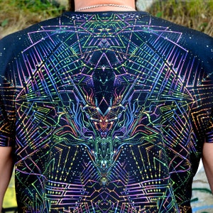 Maglietta Psy luce nera UV attiva stampa completa Space Engine frattale geometria sacra psichedelica festival festa vestiti trance rave uomo donna