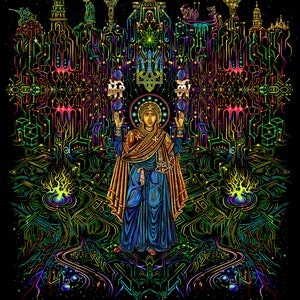 Psy backdrop Virgin Mary Oranta UV blacklight active psychedelic tapestry Kyiv orthodox christian icon Pray for Ukraine wall hang