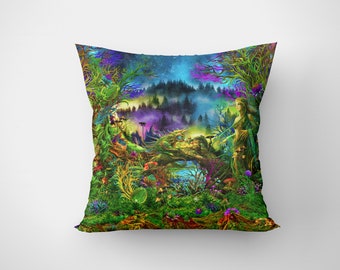 Cushion cover “Elven Forest”, uv blacklight active plush pillowcase, psychedelic trippy room decor, magic forest boho personalized gift