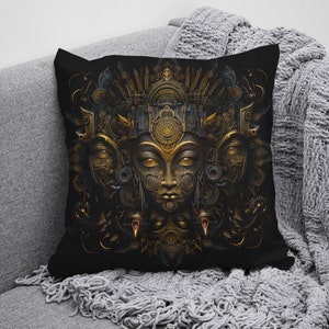 Cushion cover Buddha state steampunk Buddhahood UV blacklight active plush sateen pillowcase, psychedelic trippy room decor fractal