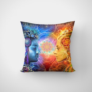 Kissenhülle Love UV Schwarzlicht aktiv Plüschsatin personalisierte Geschenk für Verliebte Kissenbezug psychedelic trippy Raumdekor blau orange Kissen