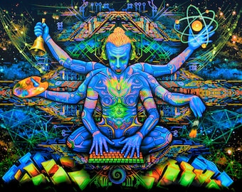 May include: A psychedelic digital art print featuring a multi-armed figure with glowing blue skin, sitting in a meditative pose. The figure is surrounded by a complex network of glowing lines and shapes, creating a vibrant and intricate design.