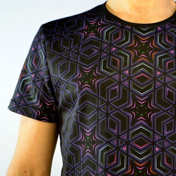 Psy T-Shirt blacklight UV active full print Sacred geometry psychedelic festival party clothes, trance rave goa trippy unisex men women