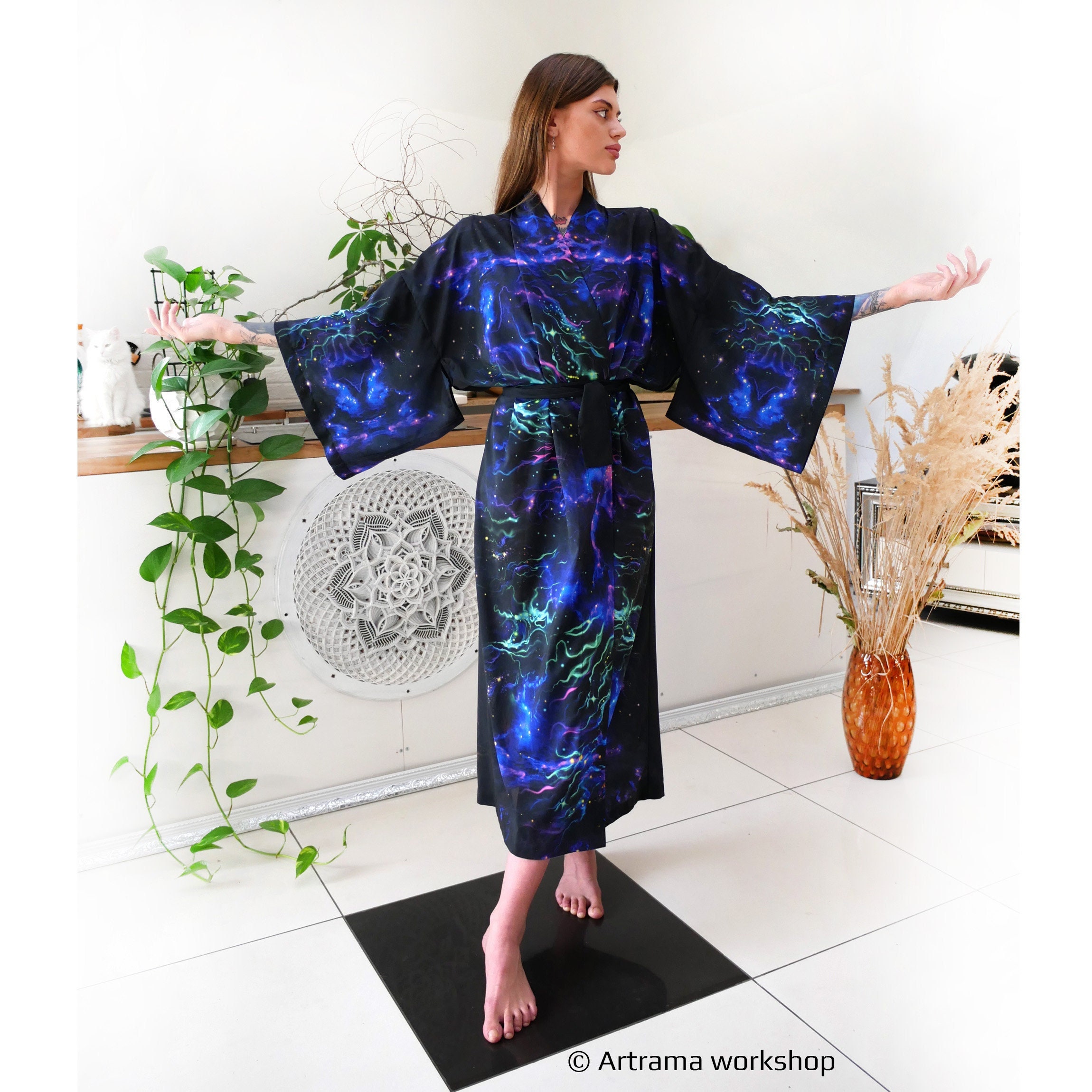 UV active kimono Psy Dragons Blacklight reactive clothes Rave dress Festival tunic Psychedelic coat Trippy wear Plus size unisex men women