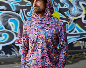 Sweat à capuche psy réactif aux UV : t-shirt All Eyes on me blacklight Vêtements de fête du festival d'Halloween couleur acide trance rave goa trippy unisexe