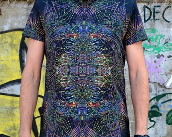 UV Reactive Psy T-Shirt : Space Engine - Blacklight Full Print - Fractal Sacred Geometry - Psychedelic Festival Party Clothes - Trance Rave