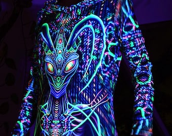 black light party dresses Dress with hood Green Mantis - Blacklight UV active Dress - Psychedelic festival clothes The sweetheart neckline adds