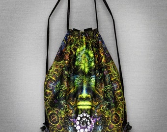 Mochila psicodélica con cordón UV: Conciencia del Universo - Bolsa para festivales rave - Impresión de arte espiritual - Atuendo para fiesta de psytrance