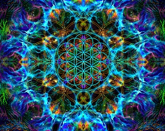 Psy backdrop "Flower of Life" UV blacklight active fluorescent psychedelic tapestry meditation sacred geometry decoration trance party