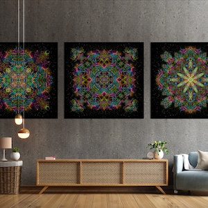 Set di fondali psy "Cyber Mandala" arazzo a luce nera attiva UV, set d'arte geometria sacra meditazione trippy room patry festival decor