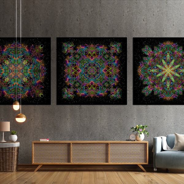 Set Of Psy Backdrops : Cyber Mandala - UV Active Blacklight Tapestry - Sacred Geometry Art Set