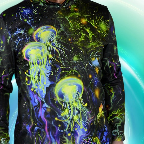 UV Long Sleeve Hood T-shirt : Jellyfish - Blacklight UV Active