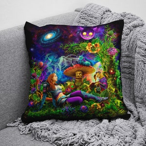 Kissenhülle Alice im psychedelischen Wunderland UV Schwarzlicht aktiv Plüsch personalisierte Kissenbezug psychedelic trippy Raumdekor Cyberpunk