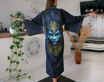 UV active kimono Budda Freedom Blacklight reactive clothes Rave dress Festival tunic Psychedelic coat Trippy wear Plus size unisex men women
