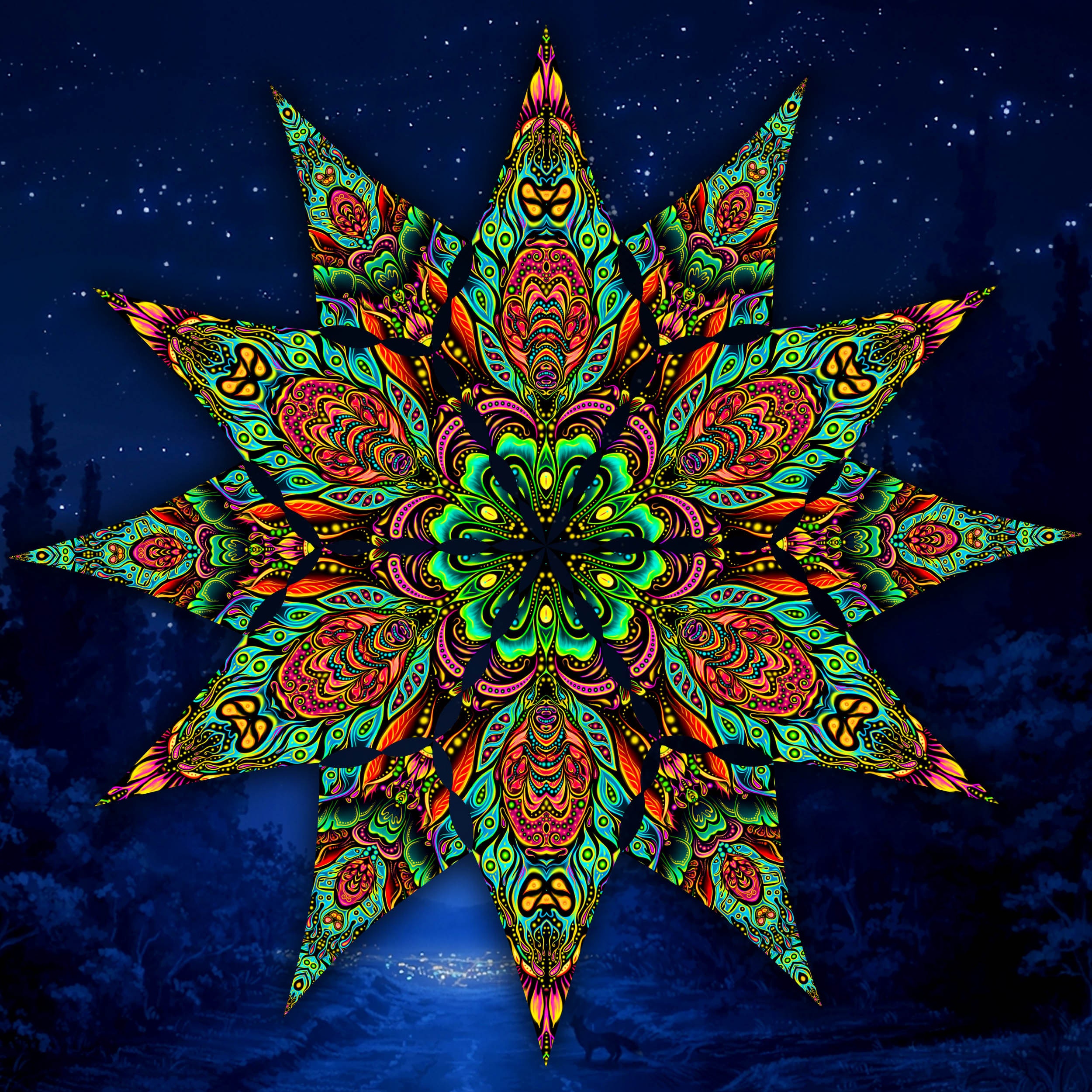 Canopy blacklight UV active Blossom mandala ceiling decor lycra psytrance party festival holi decoration trippy room magic fractal