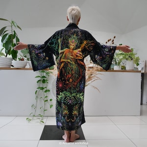 UV活性着物 Mavka ブラックライト反応服 レイブドレス フェスティバルチュニック サイケデリックコート トリッピーウェア 森の木の精霊 男性 女性