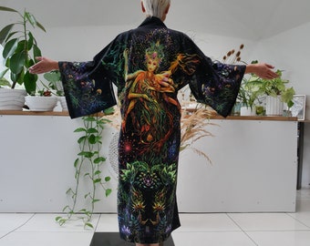 UV active kimono Mavka Blacklight reactive clothes Rave dress Festival tunic Psychedelic coat Trippy wear Forest tree spirit men women