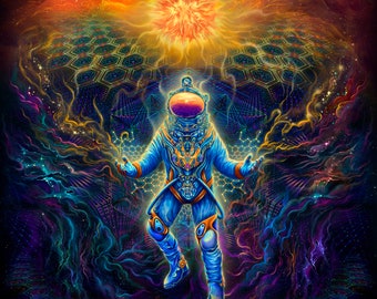 May include: A digital painting of an astronaut in a blue spacesuit with orange accents, floating in a colorful nebula with a bright orange sun in the background.