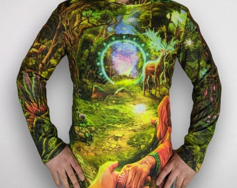 Long sleeve T-Shirt hoodie Forest Portal blacklight UV active magic deer psychedelic festival party clothes trance rave goa men women