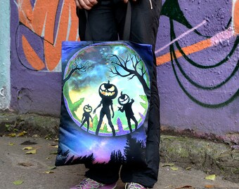 UV active Gothic Tote Bag Drawstring Backpack Halloween cloth bag Trick-or-Treat Candy Bag scary shopping bag Halloween gift zombie scull