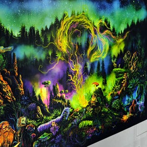 May include: A psychedelic forest scene with glowing green, purple, and yellow colors. A large, glowing yellow flame-like shape is in the center of the image. There are trees, rocks, and other natural elements throughout the scene.