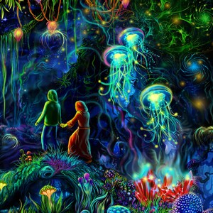 May include: A vibrant, psychedelic illustration of a fantastical forest scene. Two figures in hooded robes walk hand-in-hand through a glowing, neon-lit environment. Bioluminescent jellyfish and other otherworldly flora and fauna fill the space, creating a dreamlike atmosphere.