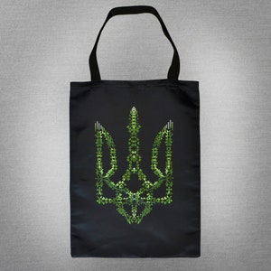 UV aktive ukrainische Trident Schwarzlicht Tote Bag Stofftasche Einkaufstasche Heilige Geometrie Shopper grün schwarze Blumen Tasche