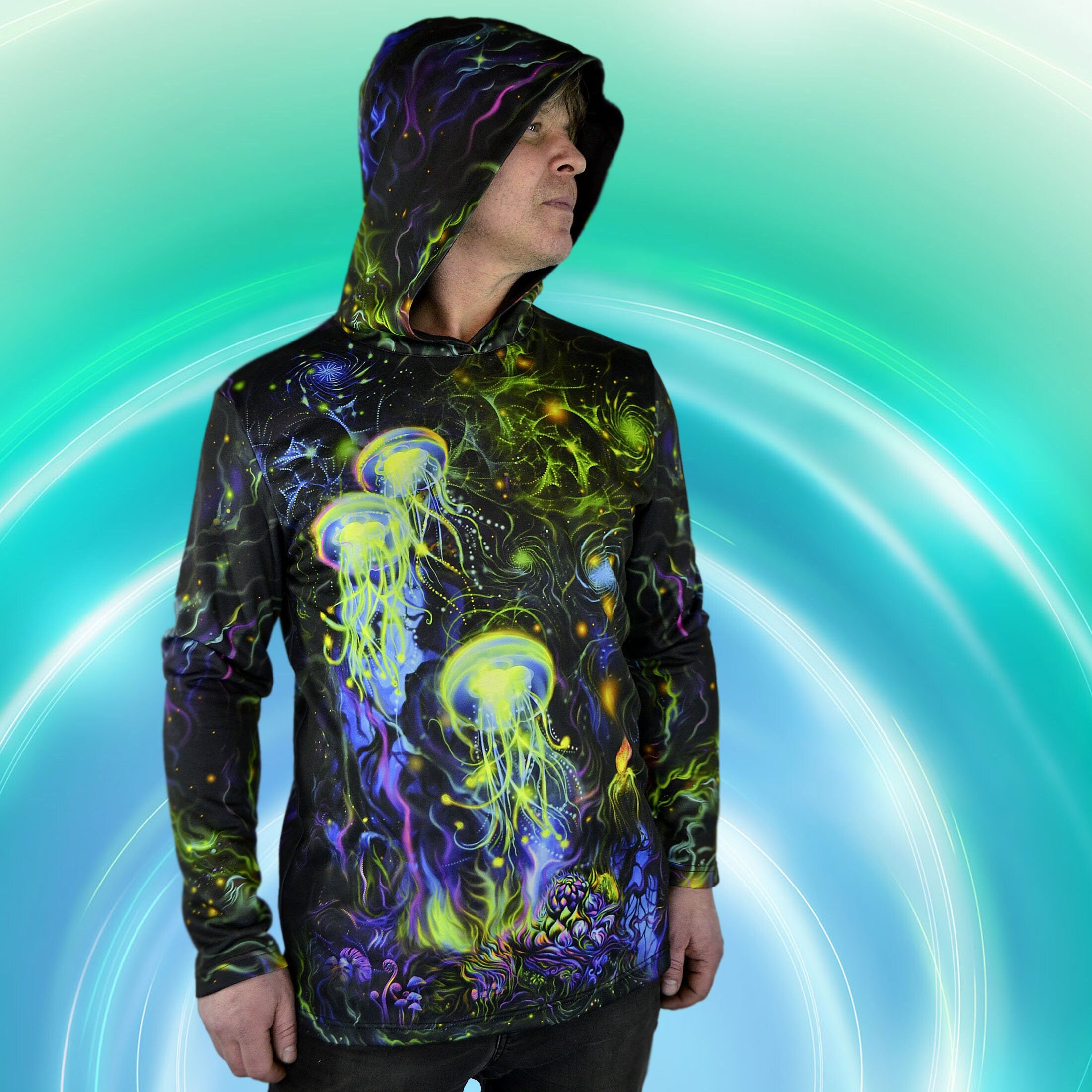 UV Long Sleeve Hood T-shirt : Jellyfish - Blacklight UV Active