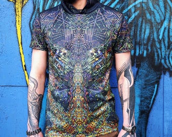 UV Reaktives Psy T-Shirt mit Kapuze : Spaceport - Blacklight Longsleeve - Fraktal Heilige Geometrie Psychedelic - Festival Rave Outfit