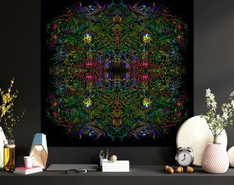 Psy backdrop "Fractal Labyrinth" UV blacklight active psychedelic tapestry space art trance meditation sacred geometry trippy maze neon
