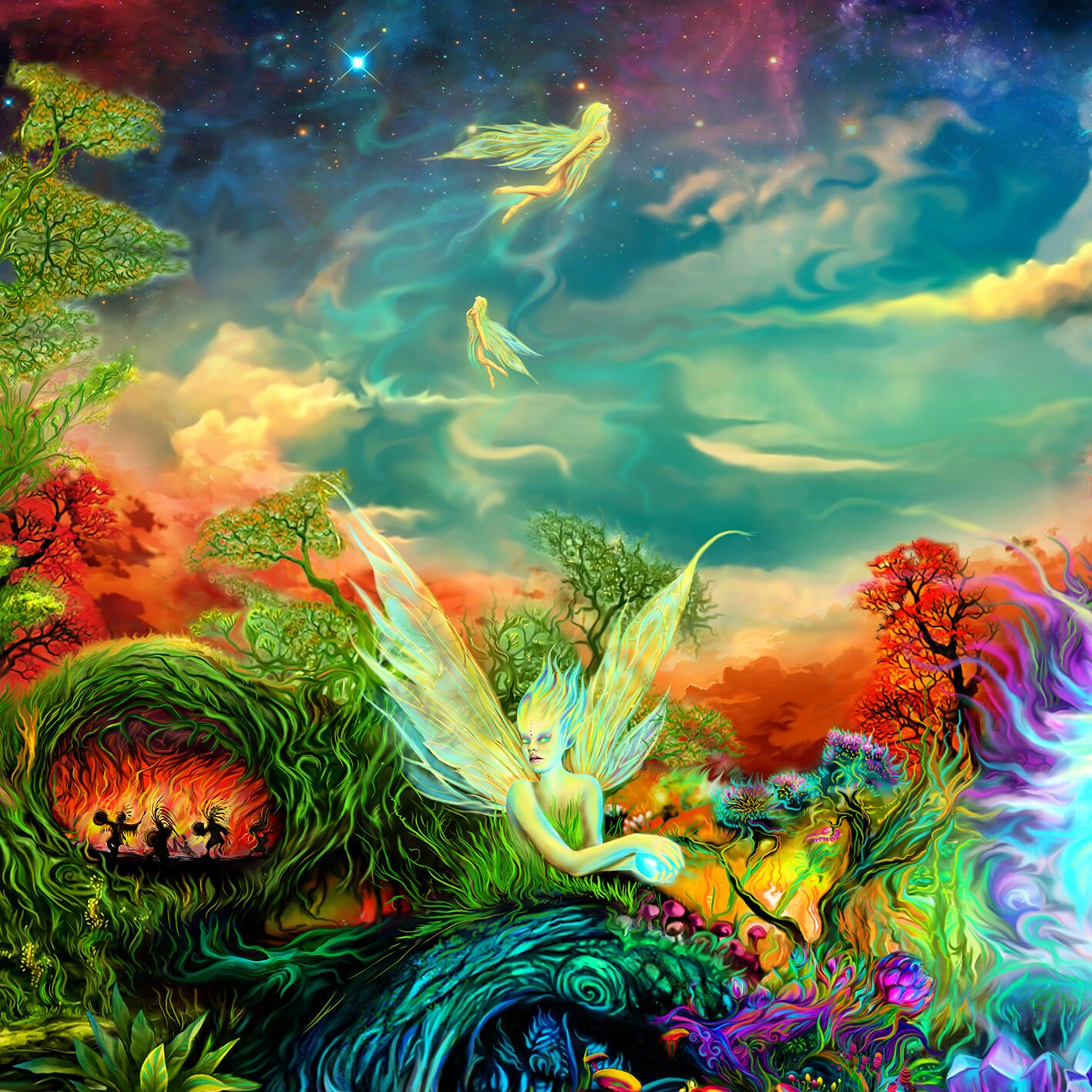 Ameyahud Arazzo fantasia foresta alla luce nera, reattivo ai raggi UV, cascate, cielo stellato, arazzo neon natura pianta da appendere alla parete decorazione per la casa