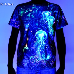Psy T-Shirt blacklight UV active full print Jellyfish psychedelic festival party clothes, acid color trance rave goa trippy unisex men women
