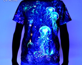 Psy T-Shirt blacklight UV active full print Jellyfish psychedelic festival party clothes, acid color trance rave goa trippy unisex men women