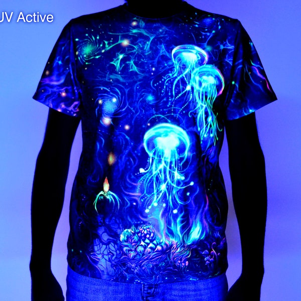 T-shirt Psy UV active lumière noire, impression complète Jellyfish, festival psychédélique, vêtements de fête, couleur acide trance rave goa trippy unisexe hommes femmes