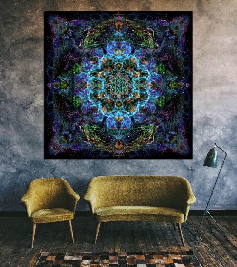 Psy backdrop Flower of Life UV blacklight active fluorescent psychedelic tapestry meditation sacred geometry decoration trance party image 3