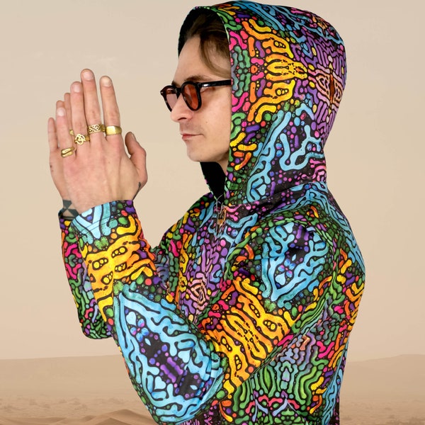 Psy Hoodie Schwarzlicht UV aktiv Langarm: Psychedelic Worms - Full Print - Festival Party Kleidung - Rave Outfit - Helle Streetwear
