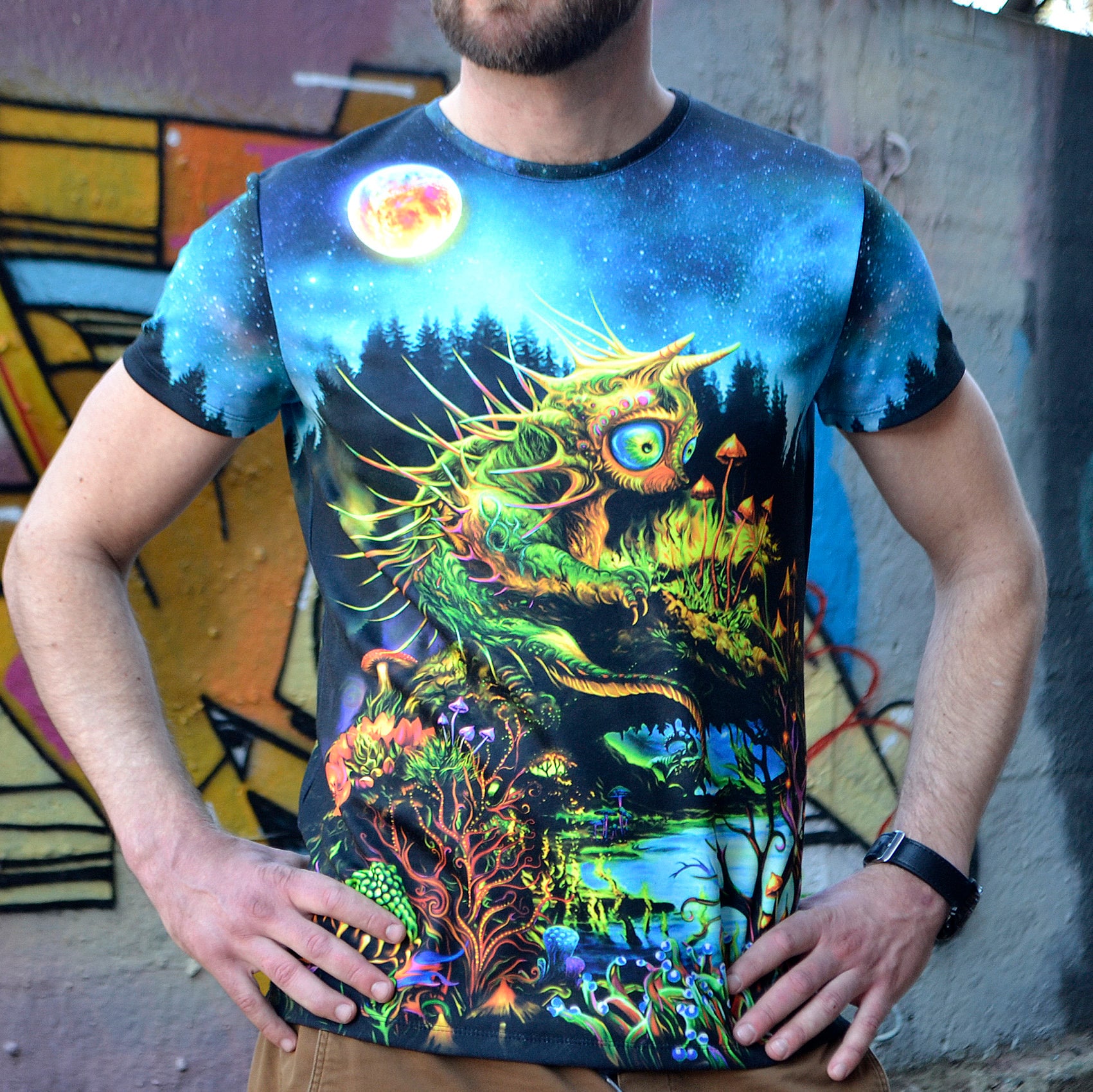 Psy T-Shirt blacklight UV active Dracat Cat dragon elven forest festival party clothes acid color trance rave goa trippy unisex men women