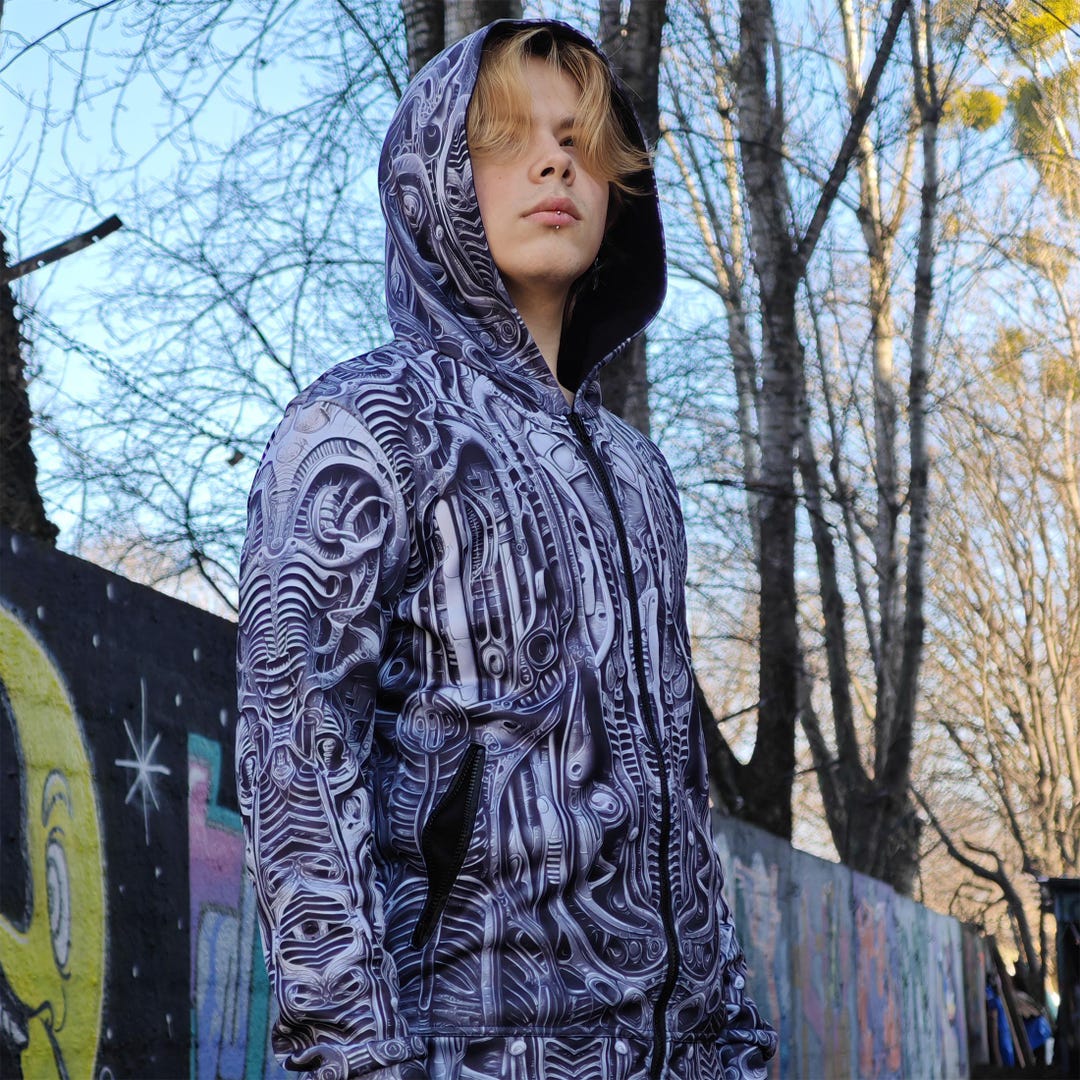 Zip-up Sweater Alien Skin - Monochrome Hoodie - Festival Party