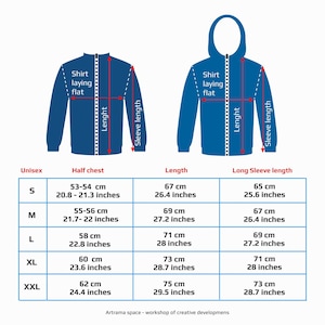 May include: Size chart for unisex shirts and long-sleeve shirts. The chart shows measurements in both centimeters and inches for sizes S, M, L, XL, and XXL. The chart includes measurements for half chest, length, and long sleeve length.