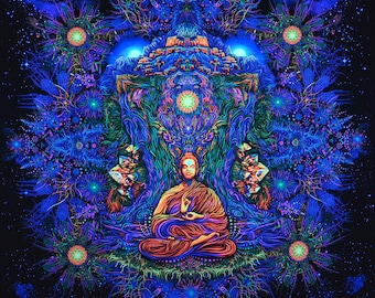 May include: A psychedelic tapestry featuring a meditating figure in a vibrant orange robe surrounded by intricate blue and green patterns. The background is a dark blue with stars and swirling designs.