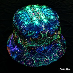 UV active panama Psychedelic hat Fractal pattern Universe mind Psyart blacklight active Festival wear Party outfit Trippy clothes Goa trance