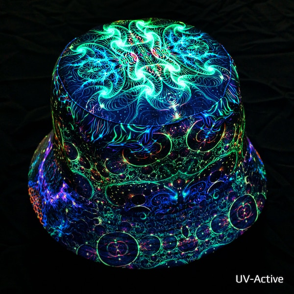 UV aktiv Panama Hut Psychedelic Fraktal Muster Universum Geist Psyart Schwarzlicht aktiv Festival wear Party Outfit Trippy Kleidung Goa trance