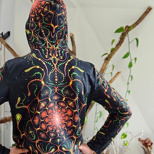 Long sleeve with hood Origin of life on Earth T-Shirt blacklight UV active Red Fractals psychedelic festival party clothes rave men women