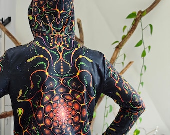 Long sleeve with hood Origin of life on Earth T-Shirt blacklight UV active Red Fractals psychedelic festival party clothes rave men women