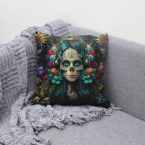 Kissenhülle Santa Muerte UV Schwarzlicht aktiv Plüsch Satin personalisierte Geschenk Kissenbezug psychedelic trippy Raumdekor