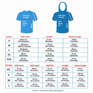 May include: A blue t-shirt and hoodie diagram with measurements in inches and centimeters. The chart details sizes XS to XXL for unisex and XS to L for female, including half chest, length, and sleeve length.