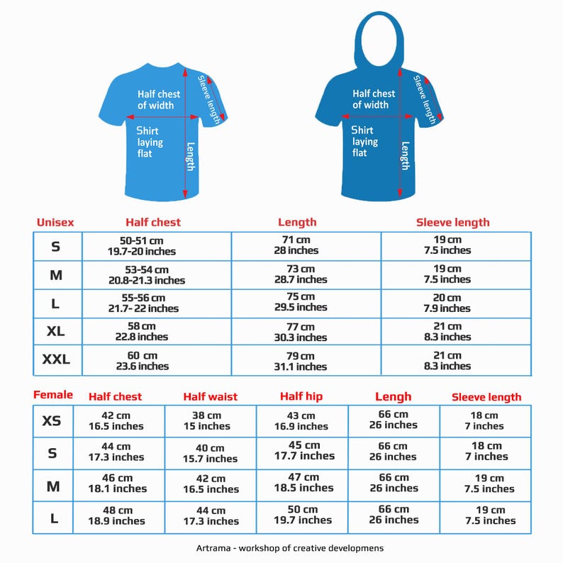 May include: A blue t-shirt and hoodie diagram with measurements in inches and centimeters. The chart details sizes XS to XXL for unisex and XS to L for female, including half chest, length, and sleeve length.